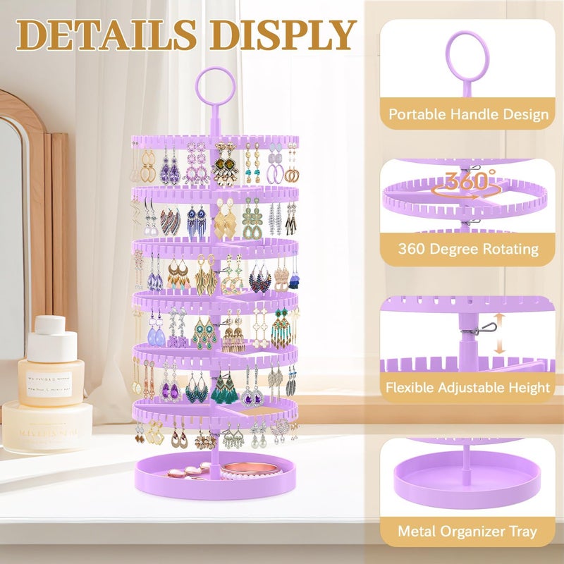 MODOWEY 6 Tier Rotating Earring Holder Organizer Display Tree with Metal Tray, Adjustable Plastic Stand with 342 Slots for Stud Hoop Hanger, Large Capacity Storage Rack for Women, Purple - Image 4